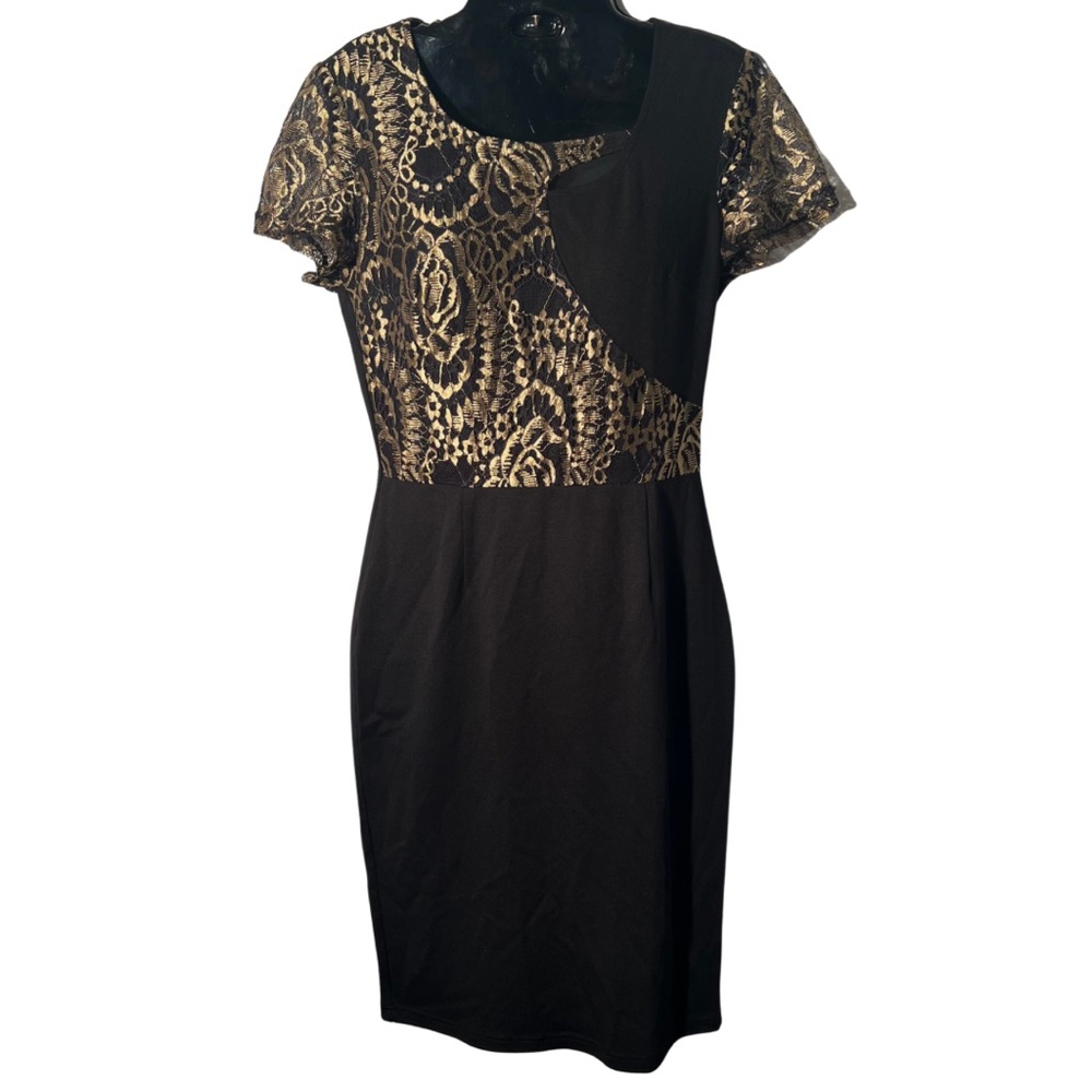 Vintage Black & Gold Formal Midi Dress by Vfemage| Size: Medium